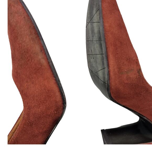 Aquatalia Neely Suede Heels Brown Leather Block Almond Semi Pointed Toe Italy 7 - Picture 12 of 14